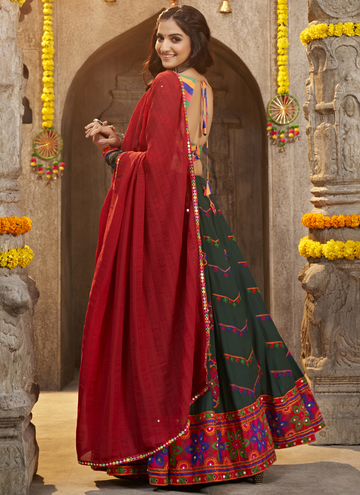 Viscose Rayon Thread Embroidered Bottle Green Ghagra Choli